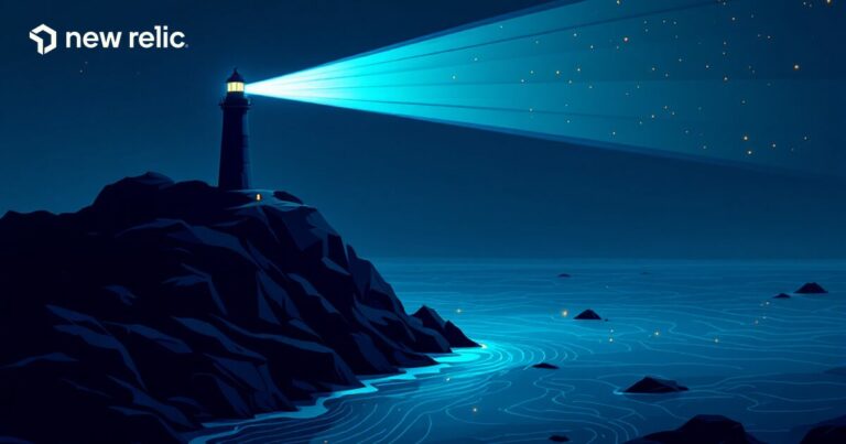 Phare balayant de son faisceau une mer de courbes de données, la nuit — la supervision New Relic qui ne dort jamais